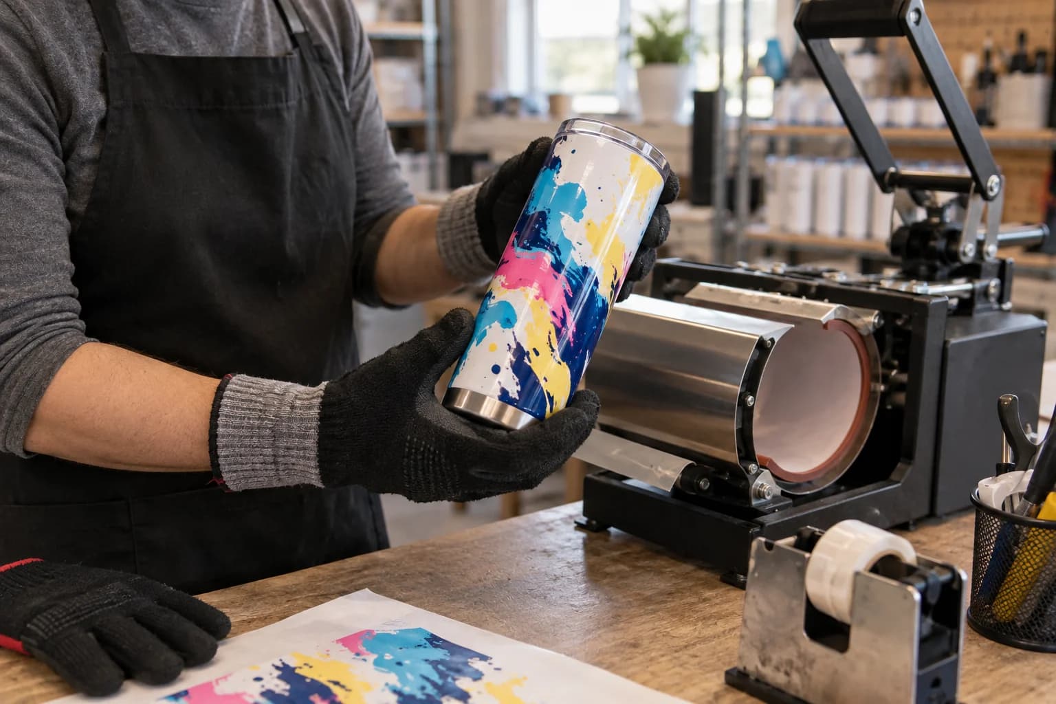 Concept view of a craftsperson inspecting a colorful tumbler beside a tumbler heat press