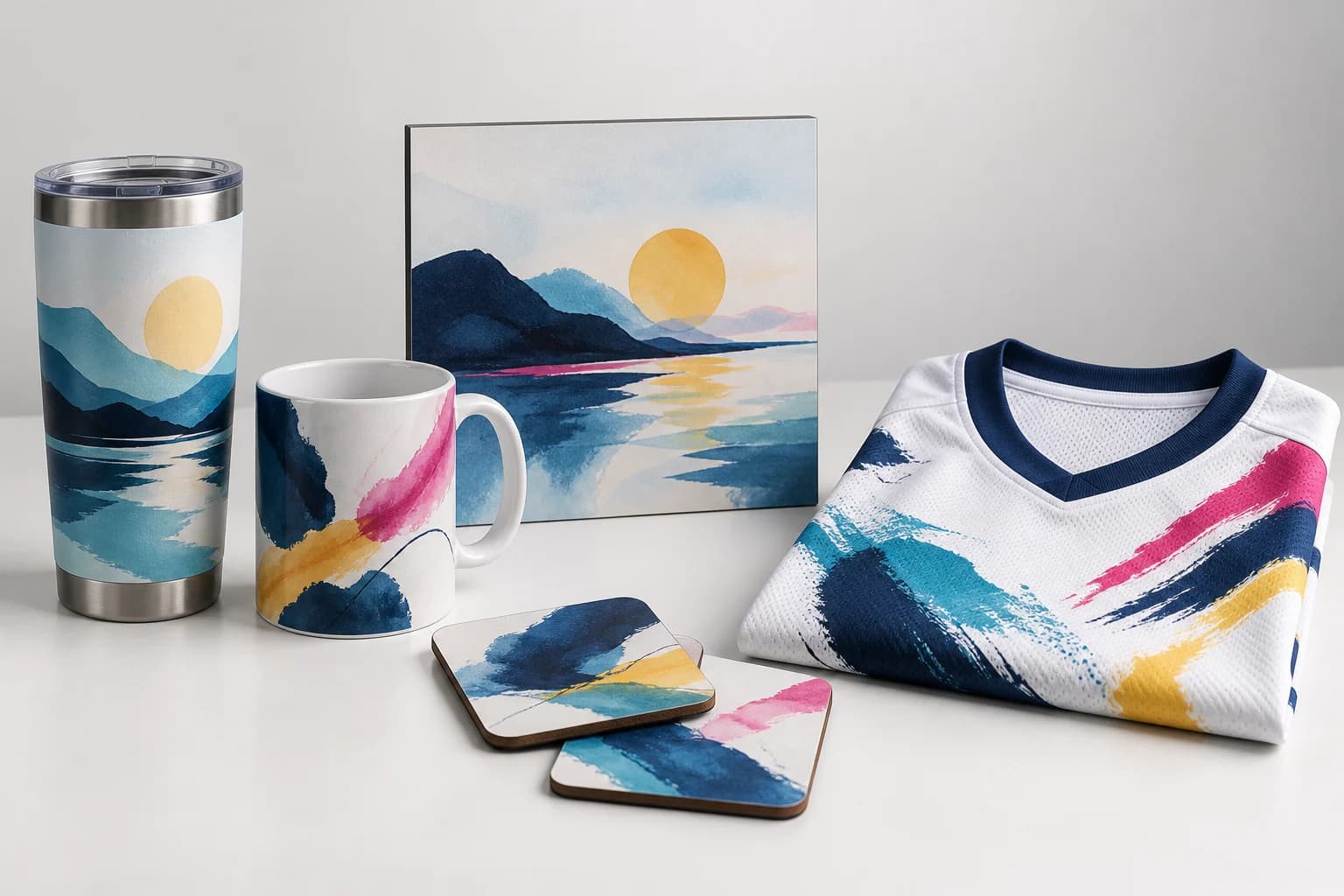 Concept assortment of full-color sublimated drinkware, coasters, photo panel, and polyester apparel