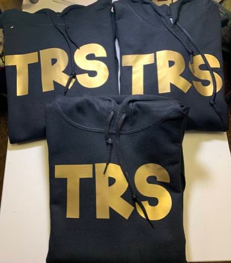 Personalized team hoodies with names and metallic heat-transfer decoration