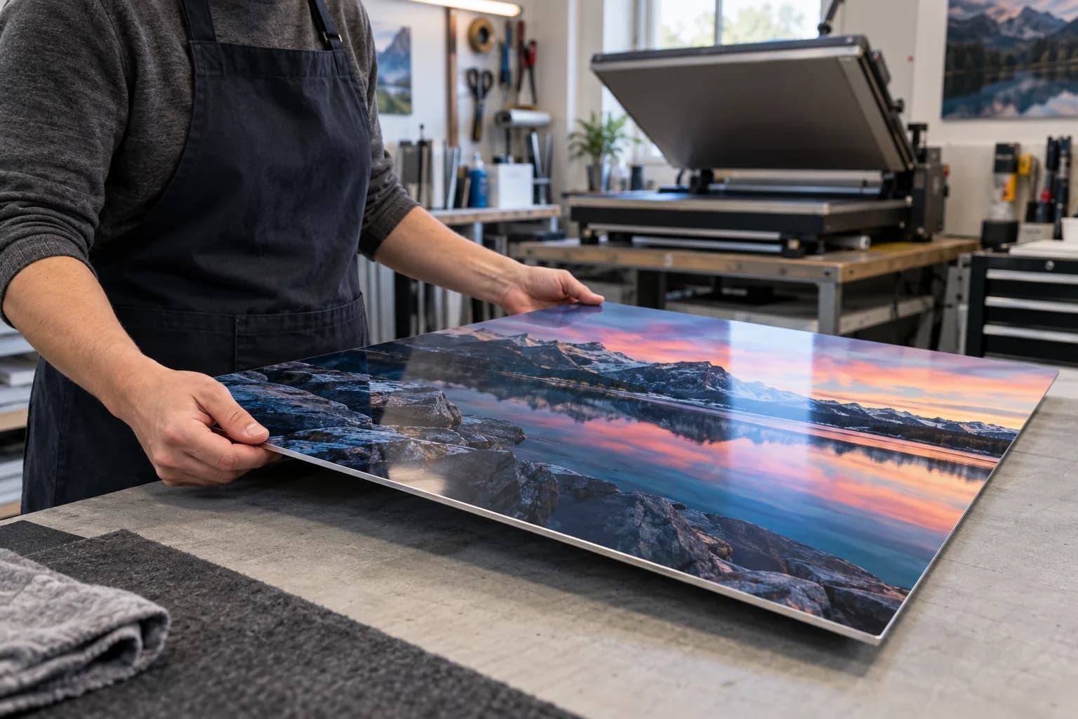 Concept view of a craftsperson inspecting the edge and color of a large metal photo panel