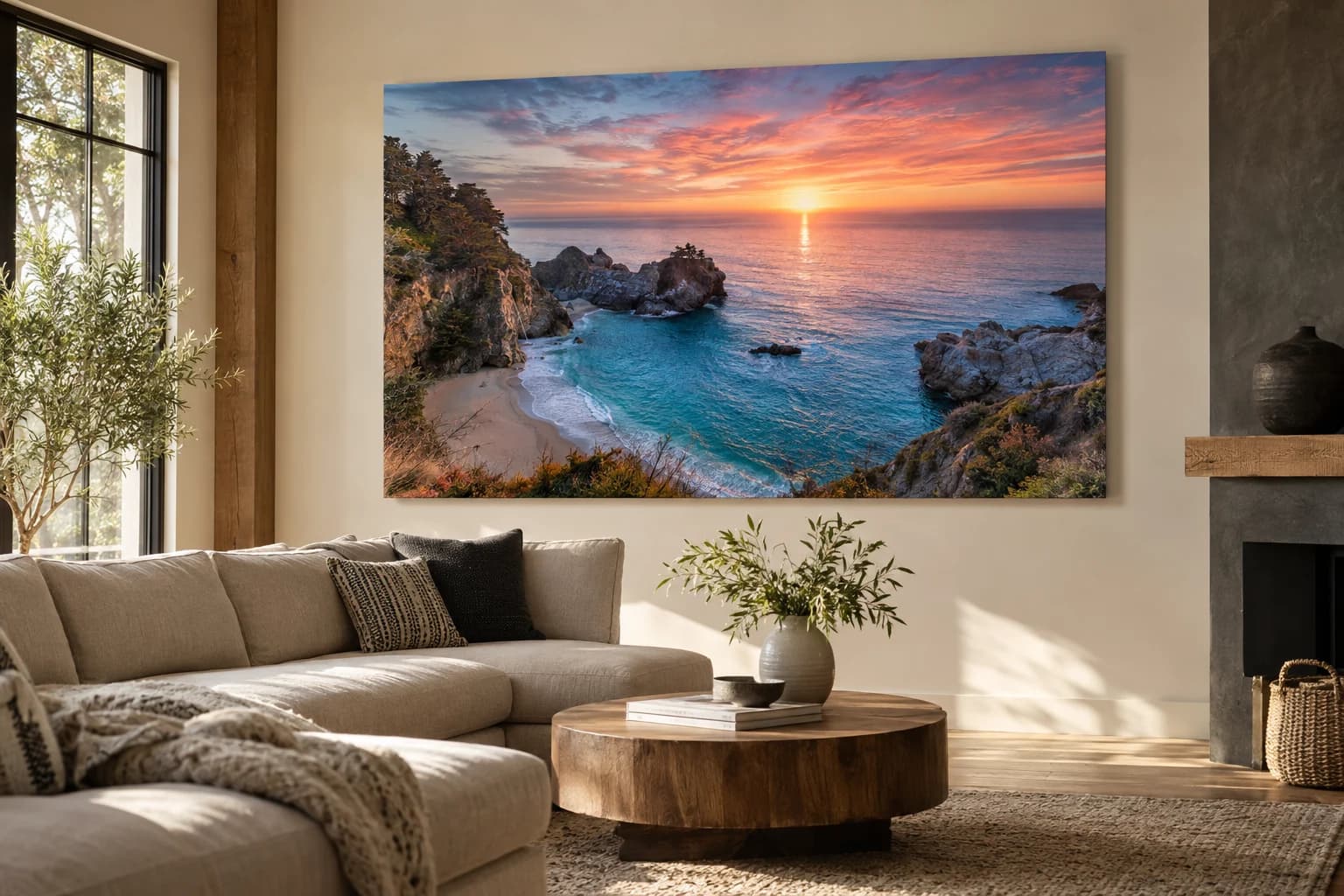 Concept image of a large metal landscape photograph displayed in a warm contemporary living room